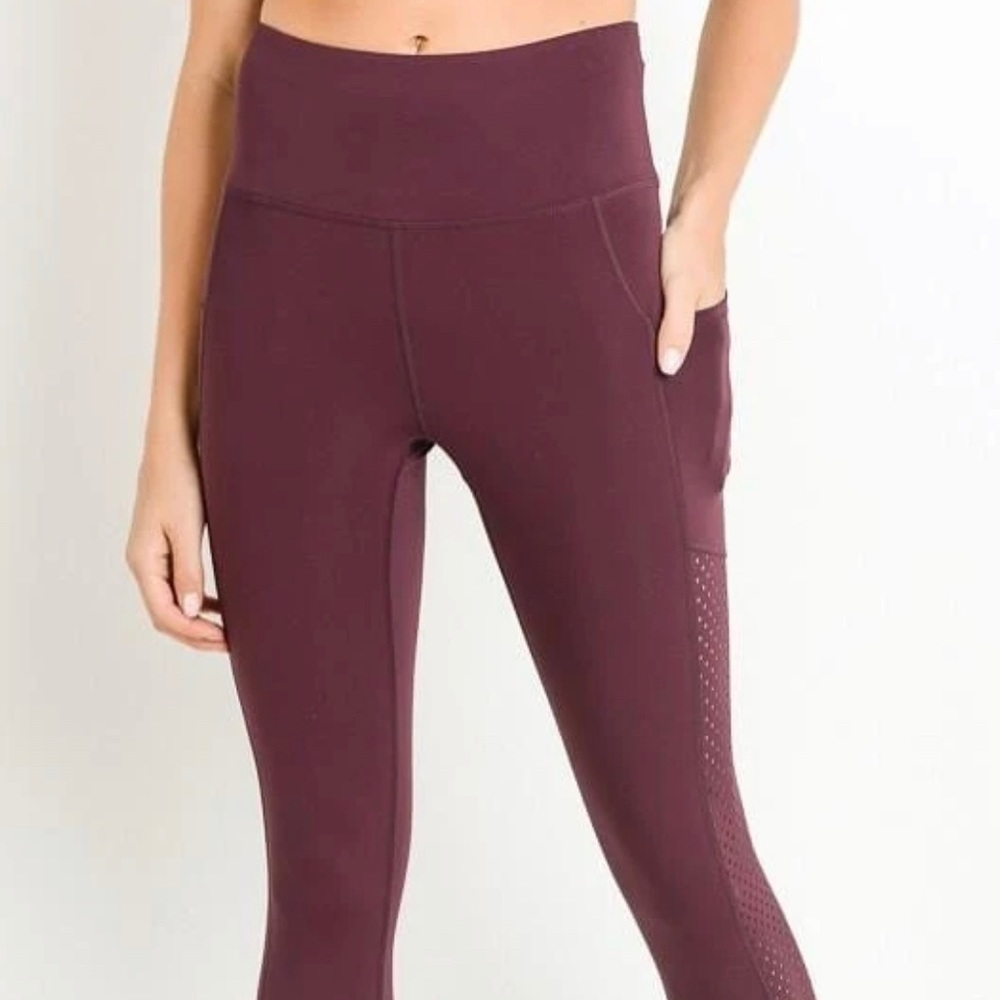High Rise Plum Leggings with Perforated Mesh Panel